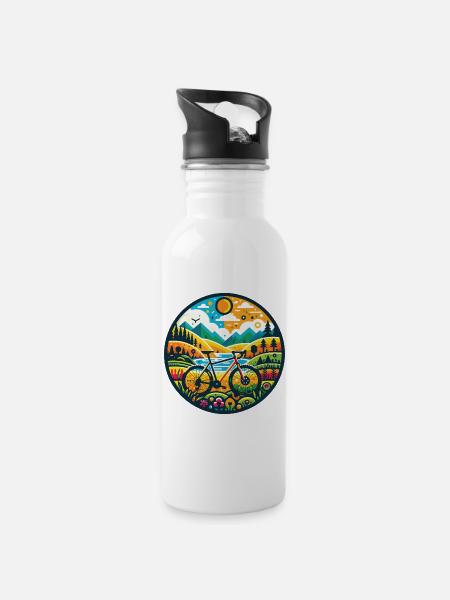 Gravel Bike Abenteuer Illustration - Trinkflasche mit integriertem Trinkhalm - Weiß