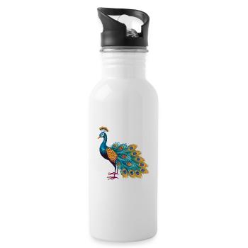 Pfau buntes Aquarell Cartoon Kawaii Tier - Trinkflasche mit integriertem Trinkhalm - Weiß - Rechts