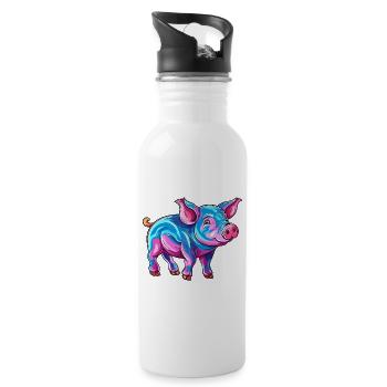Pig Colorful Watercolor Cartoon Kawaii Animal - Water bottle with straw - white - Right