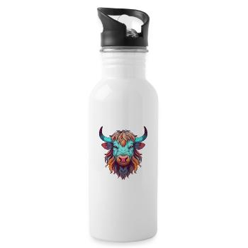 Yak Colorful Watercolor Cartoon Kawaii Animal - Water bottle with straw - white - Right