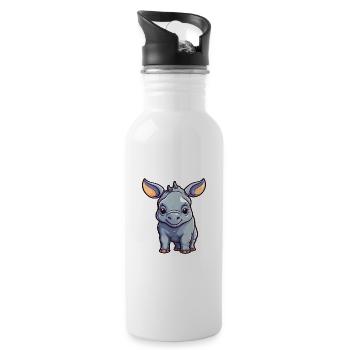 Rhino Cute Cartoon Kawaii Watercolor Animal Pet - Water bottle with straw - white - Right