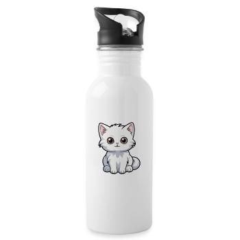 Katze niedliche Karikatur Kawaii Aquarell Tier Haustier - Trinkflasche mit integriertem Trinkhalm - Weiß - Rechts