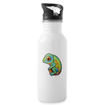 Chameleon Cute Cartoon Kawaii Watercolor Animal Pe - Water bottle with straw - white - Right
