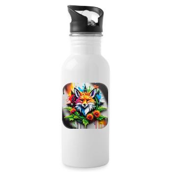 Logo mit Fuchs und Blumen im Grafitti Style - Trinkflasche mit integriertem Trinkhalm - Weiß - Rechts