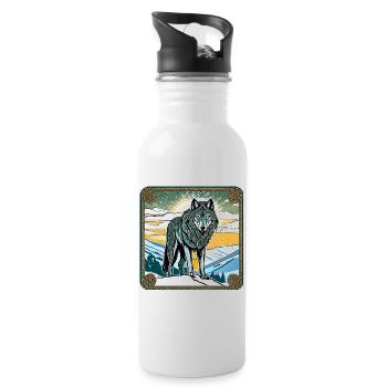 Cooler Wolf im keltischen Style - Trinkflasche mit integriertem Trinkhalm - Weiß - Rechts