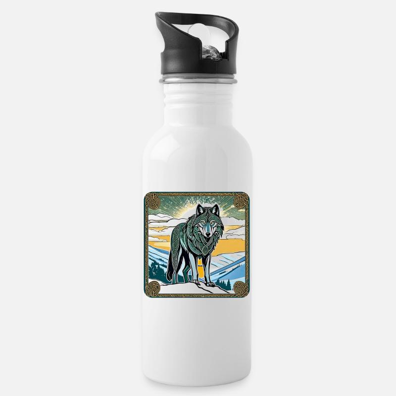 Cooler Wolf im keltischen Style - Trinkflasche mit integriertem Trinkhalm - Weiß