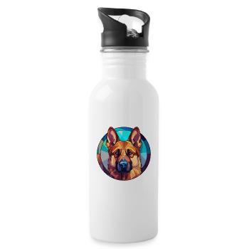 German Shepherd Dog Stained Glass Colorful Cartoon - Water bottle with straw - white - Right