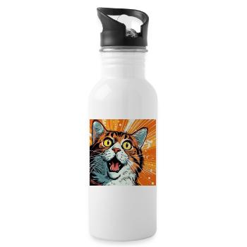 Ausdrucksstarke Katzenillustration im Pop-Art Stil - Trinkflasche mit integriertem Trinkhalm - Weiß - Rechts