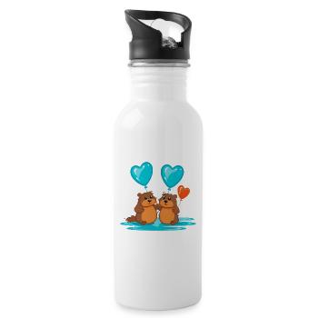 Beavers Kawaii Cartoon Pet Playing With Balloons - Water bottle with straw - white - Right