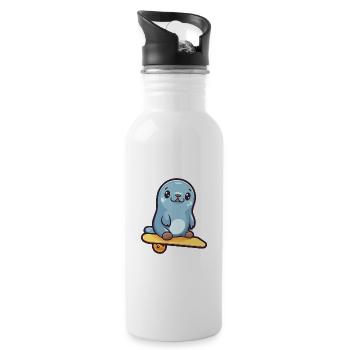 Lustige Robbe Kawaii Cartoon Haustier spielt Skateboard - Trinkflasche mit integriertem Trinkhalm - Weiß - Rechts
