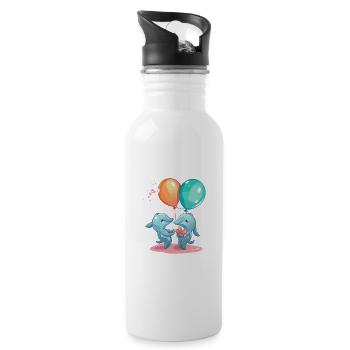 Dolphins Kawaii Cartoon Pet Playing With Balloons - Water bottle with straw - white - Right