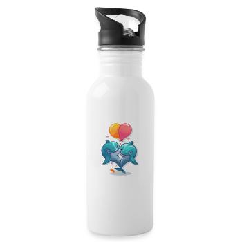 Dolphins Kawaii Cartoon Pet Playing With Balloons - Water bottle with straw - white - Right