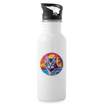 European Shorthair Cat Watercolor Cartoon Kawaii - Water bottle with straw - white - Right