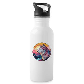 Wolf Colorful Watercolor Cartoon Kawaii Animal - Water bottle with straw - white - Right