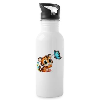 Baby-Tiger: Flauschig und verspielt - Trinkflasche mit integriertem Trinkhalm - Weiß - Rechts