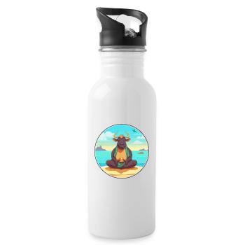 Bull Cartoon Yoga Beach Summer Illustration - Water bottle with straw - white - Right