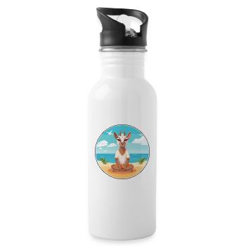 Goat Cartoon Yoga Beach Summer Illustration - Water bottle with straw - white - Right