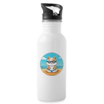 Kitten Cartoon Yoga Beach Summer Illustration - Water bottle with straw - white - Right