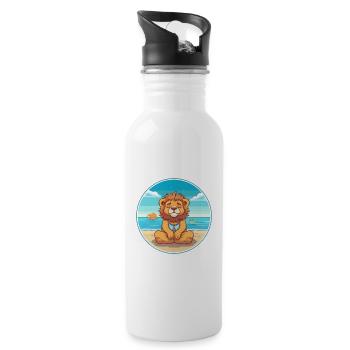Lion Cartoon Yoga Beach Summer Illustration - Water bottle with straw - white - Right