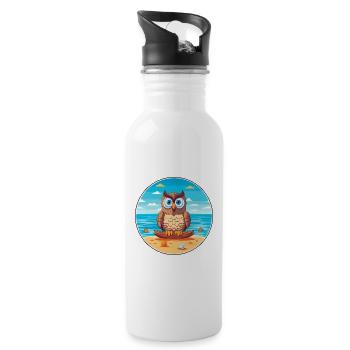 Owl Cartoon Yoga Beach Summer Illustration - Water bottle with straw - white - Right