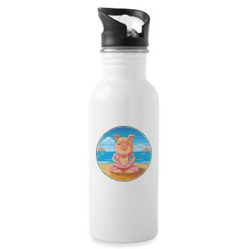Pig Cartoon Yoga Beach Summer Illustration - Water bottle with straw - white - Right
