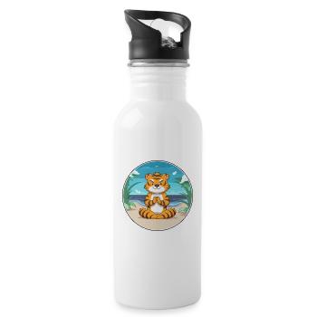 Tiger Cartoon Yoga Beach Summer Illustration - Water bottle with straw - white - Right