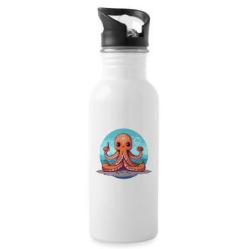 Oktopus-Cartoon-Yoga-Strand-Sommer-Illustration - Trinkflasche mit integriertem Trinkhalm - Weiß - Rechts