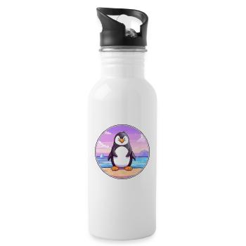 Penguin Cartoon Yoga Beach Summer Illustration - Water bottle with straw - white - Right