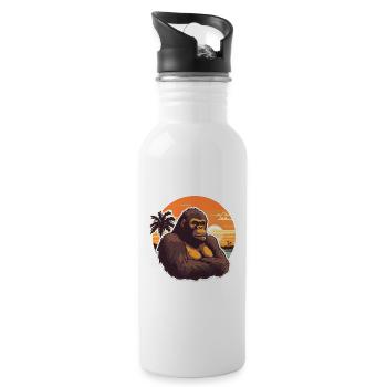 Gorilla Funny Cartoon Kawaii Beach Illustration - Water bottle with straw - white - Right