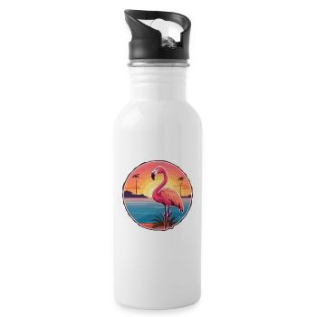 Flamingo Funny Cartoon Kawaii Beach Illustration - Water bottle with straw - white - Right