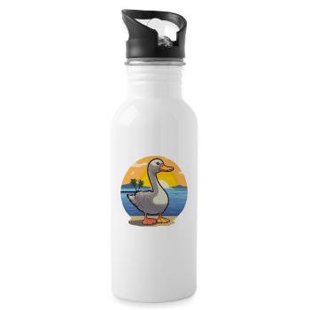 Goose Funny Cartoon Kawaii Beach Illustration - Water bottle with straw - white - Right