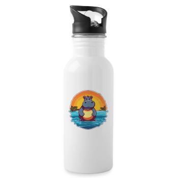 Hippo Funny Cartoon Kawaii Beach Illustration - Water bottle with straw - white - Right
