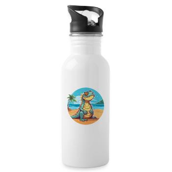 Iguana Funny Cartoon Kawaii Beach Illustration - Water bottle with straw - white - Right