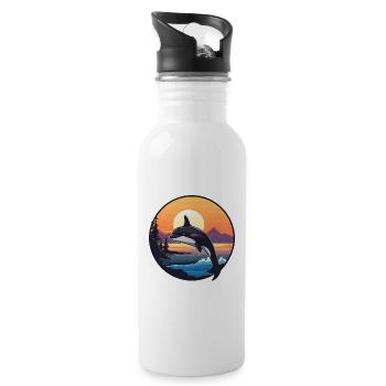 Orca Funny Cartoon Kawaii Beach Illustration - Water bottle with straw - white - Right
