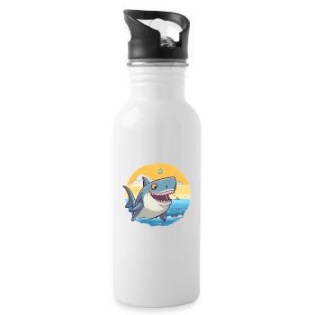 Shark Funny Cartoon Kawaii Beach Illustration - Water bottle with straw - white - Right