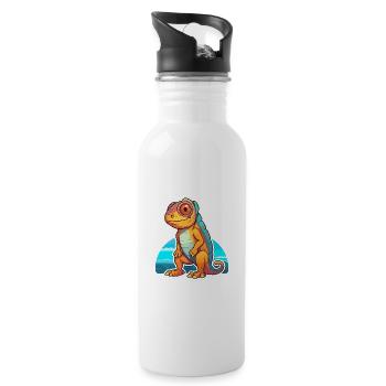 Chameleon Funny Cartoon Kawaii Beach Illustration - Water bottle with straw - white - Right