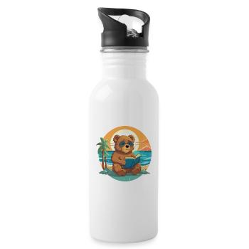 Ours Mignon Drôle Dessin Animé Kawaii Livre Plage - Gourde avec paille intégrée - blanc - Droite