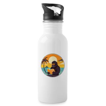 Gorilla Cute Funny Cartoon Kawaii Book Beach - Water bottle with straw - white - Right
