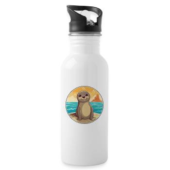 Seal Watercolor Cartoon Kawaii Clipart Animal - Water bottle with straw - white - Right
