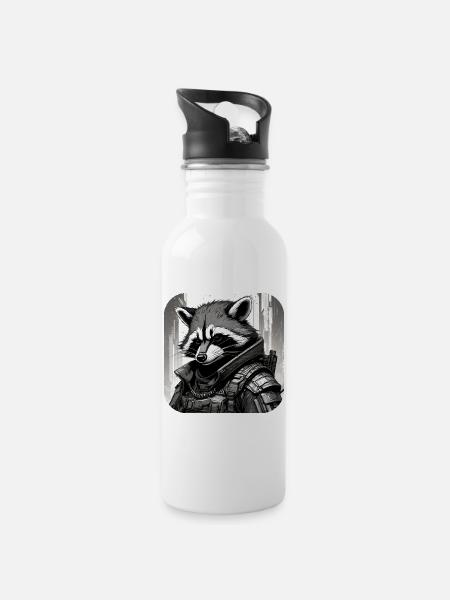 Lässiger Cyberspace Waschbär - Trinkflasche mit integriertem Trinkhalm - Weiß