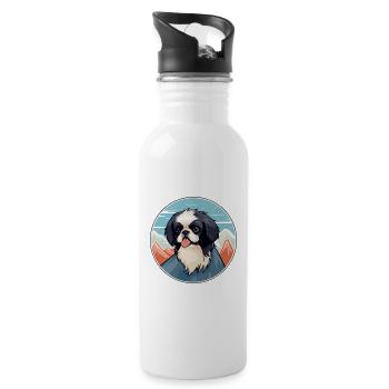 Japanese Chin Dog Breed Cartoon Kawaii Watercolor - Water bottle with straw - white - Right