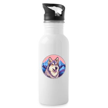 Tamaskan Dog Breed Cartoon Kawaii Watercolor - Water bottle with straw - white - Right