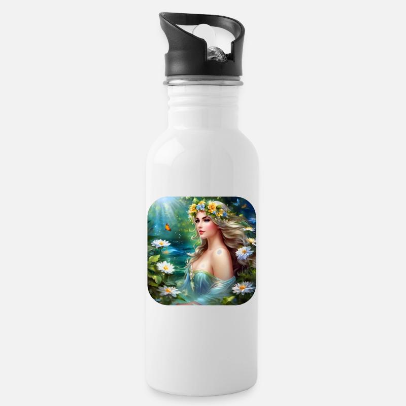 Wunderschöne Blumen Nymphe - Trinkflasche mit integriertem Trinkhalm - Weiß