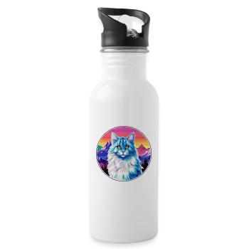 German Longhair Cat Colorful Cartoon Watercolor Il - Water bottle with straw - white - Right