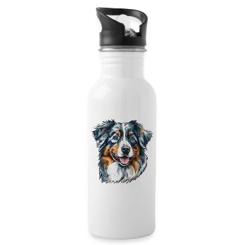Australian Shepherd Portrait - Trinkflasche mit integriertem Trinkhalm - Weiß - Rechts