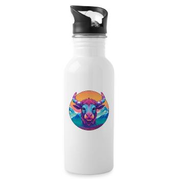 Bull Watercolor Cartoon Kawaii Pet Animal Colorful - Water bottle with straw - white - Right