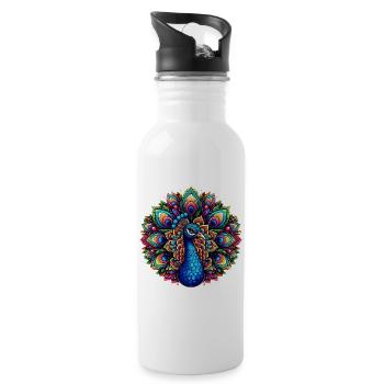 Pfau mit Mandalas verziert - Trinkflasche mit integriertem Trinkhalm - Weiß - Rechts