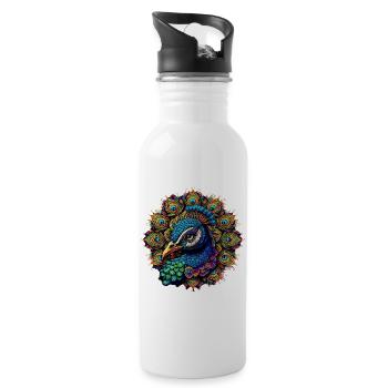 Pfau mit Mandalas verziert - Trinkflasche mit integriertem Trinkhalm - Weiß - Rechts