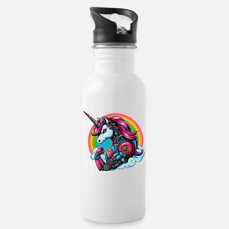 Einhorn Roboter Cyborg Regenbogen Science Fiction - Trinkflasche mit integriertem Trinkhalm - Weiß