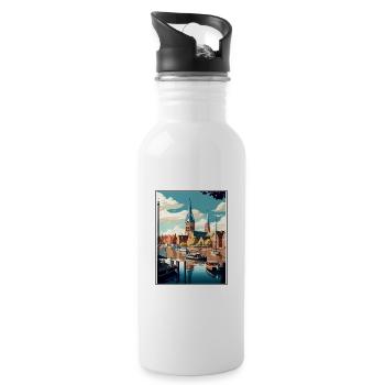 Flensburg Germany Vintage Travel Poster Souvenir - Water bottle with straw - white - Right